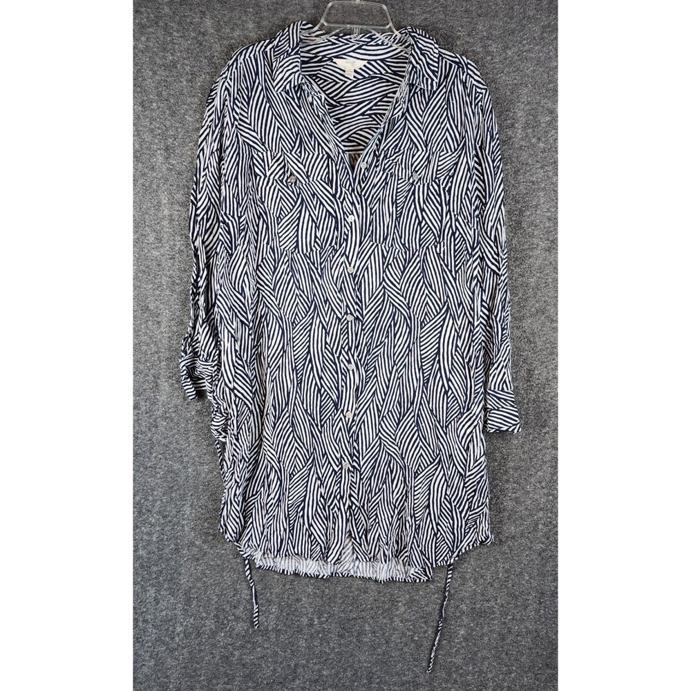 Terra & Sky Tunic Womens 1X Button Down Navy Blue White Abstract Print EUC